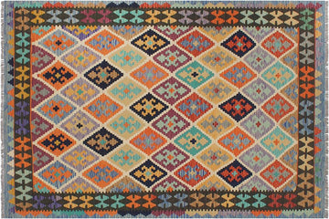 Flat Weave Kilim, Antique, Navaho, Vintage, Handmade, Geometric Kilim Beige Blue Hand-Woven Rectangle 100% Wool Area Rug 6 x 8
